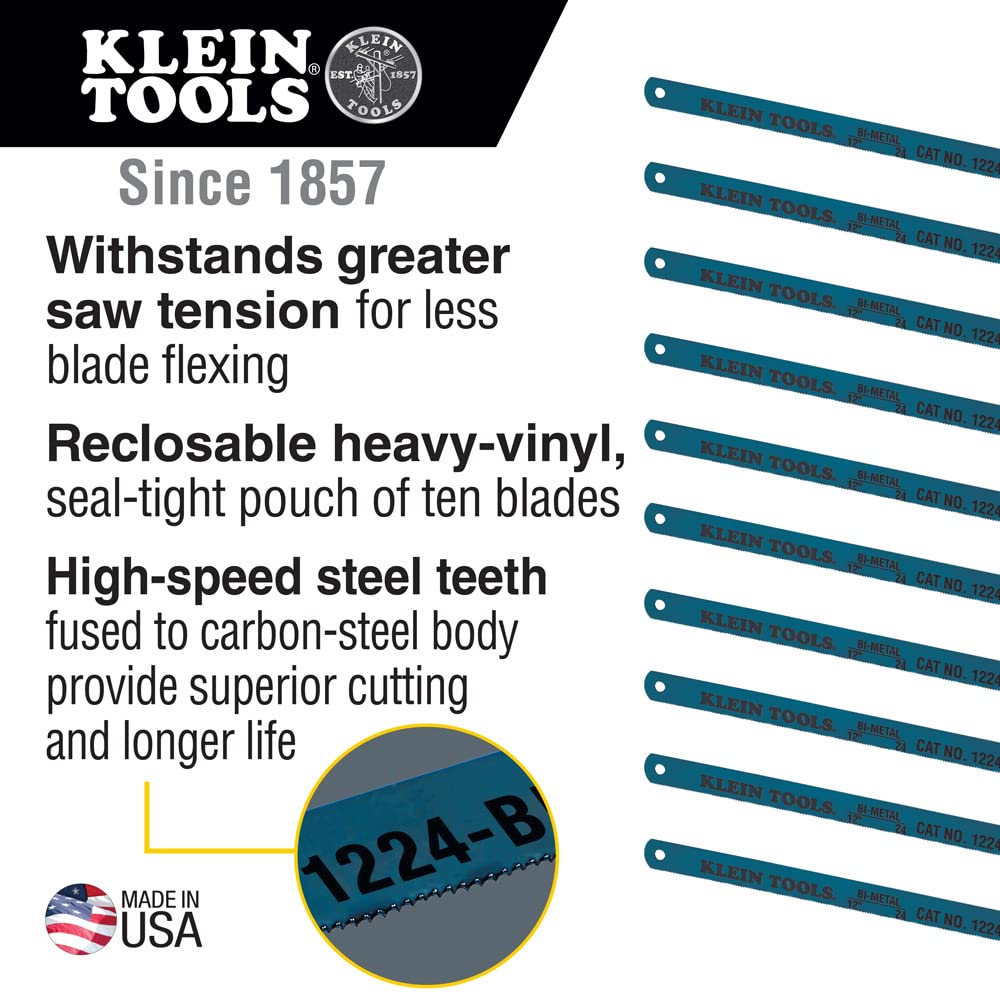 Klein Tools 1224BI-P Hacksaw Blades, Bi-Metal Replacement Blades, Made in USA, 24 TPI, 12-Inch, 10-Pack