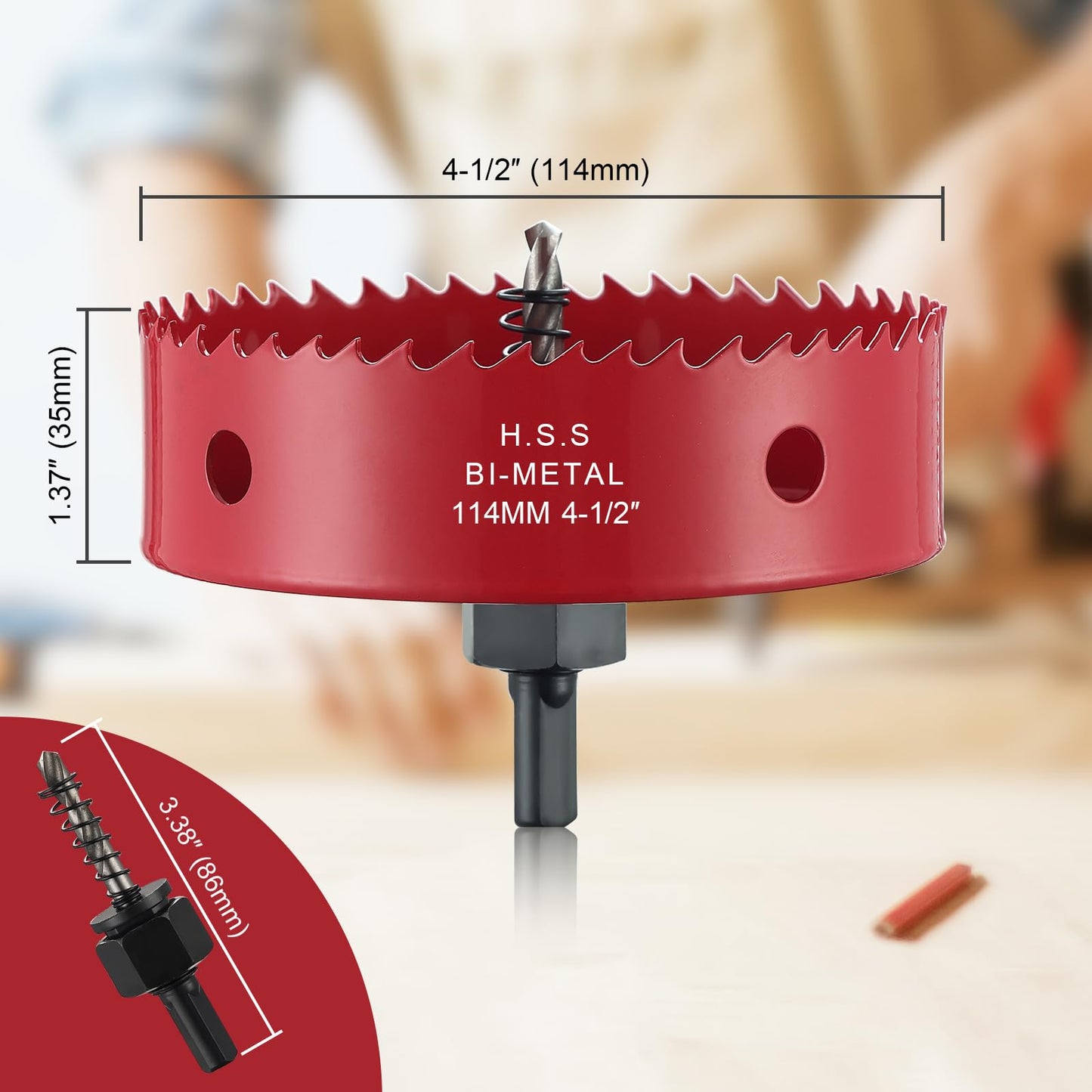 Hole Saw 4 1/2 Inch, 30 mm Cutting Depth HSS Bi-Metal Hole Saw for Cutting Wood, Plastic, Drywall, Plasterboard and Soft Metal Sheet, Red