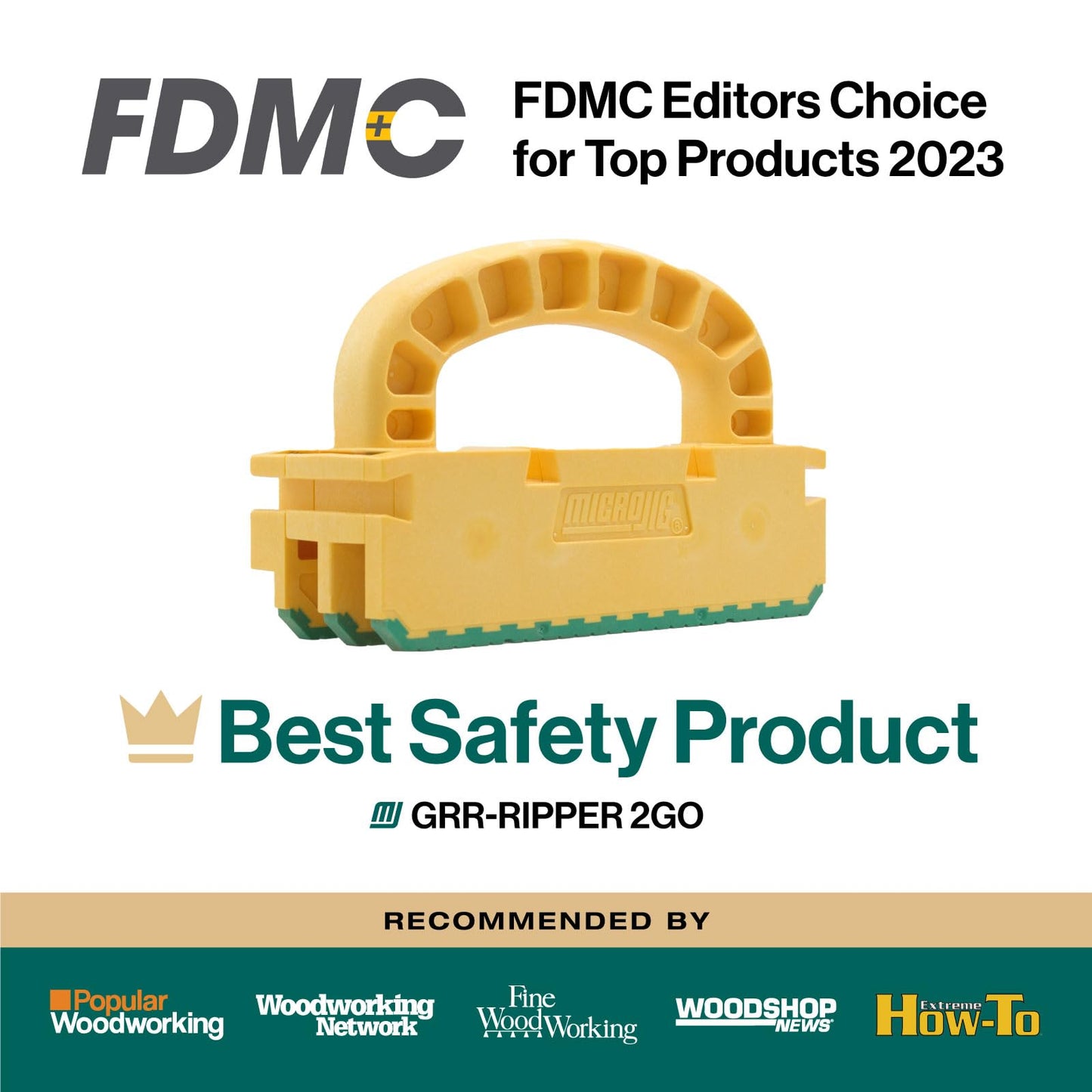 MICROJIG GRR-RIPPER 2GO Push Block for Routers, Jointers, Band and Table Saws, Woodworking Tool, Extreme Grip, GR2-GO, Yellow/Green