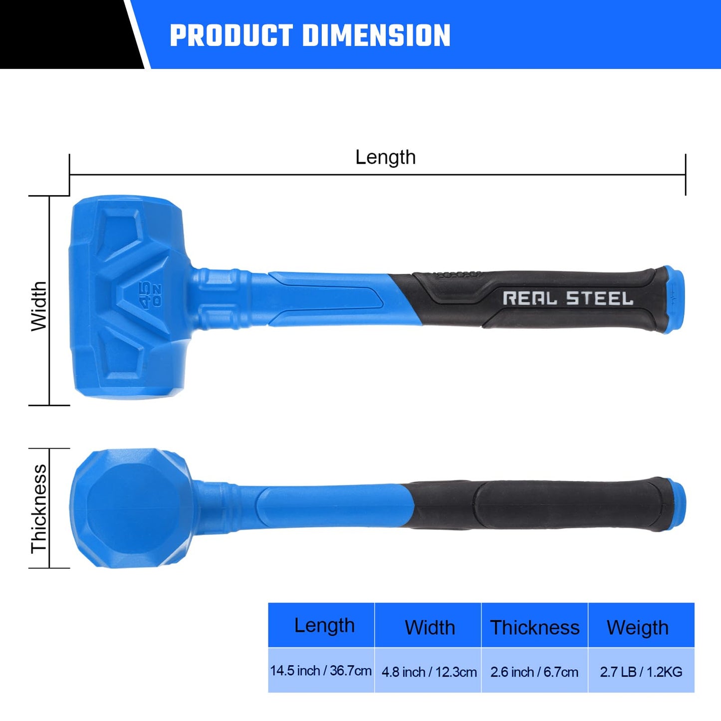 REAL STEEL 45 Oz Dead Blow Hammer – Rubber Mallet, Non-Marring & Spark-Resistant, Steel Shot-Filled Head for DIY, Auto, Furniture