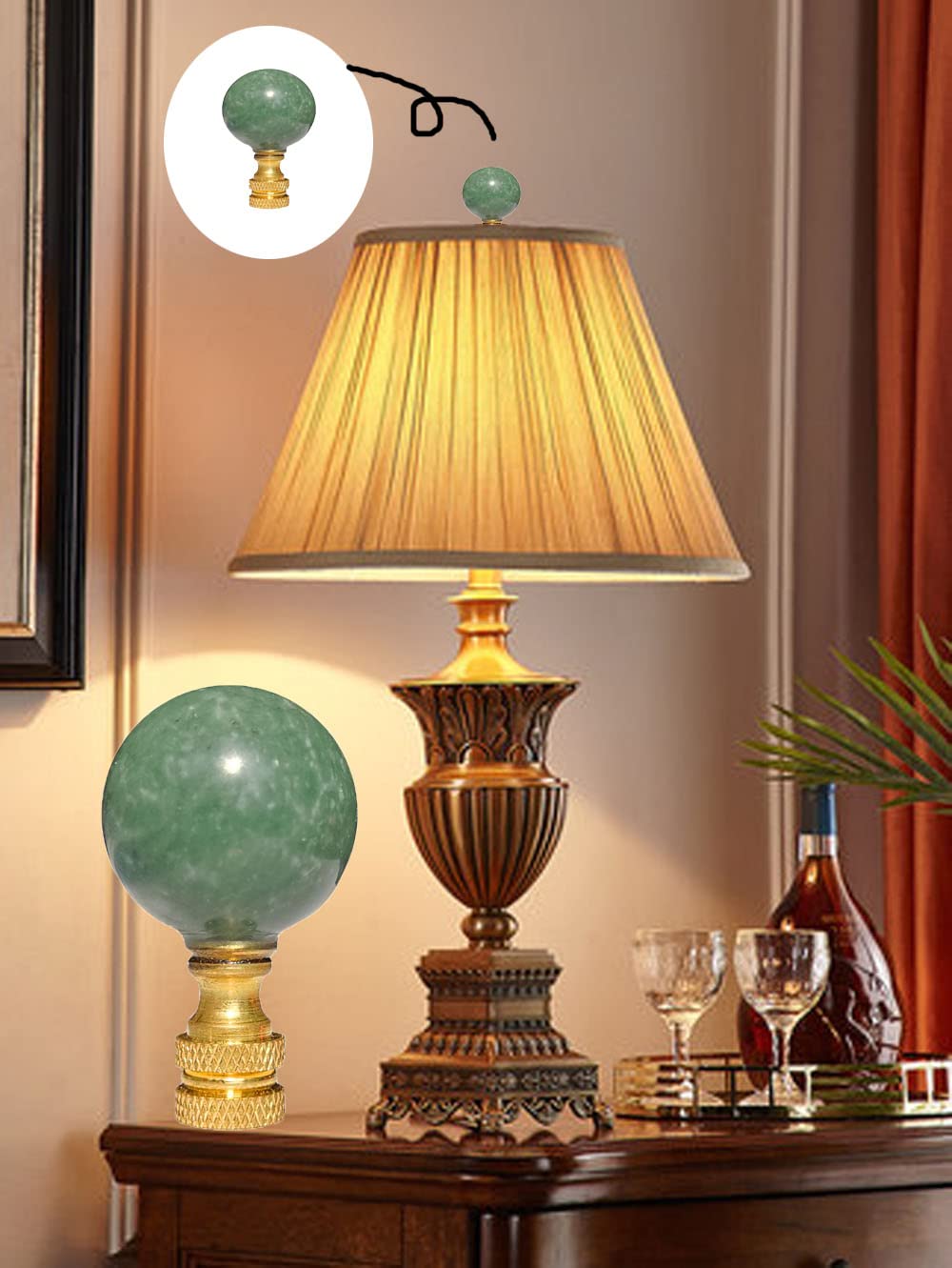 Hyamass 2Pcs Green Natural Stone Shaped Lamp Finial 2 Inch Lamp Shade Finial Decoration Accessories with Polished Brass Base