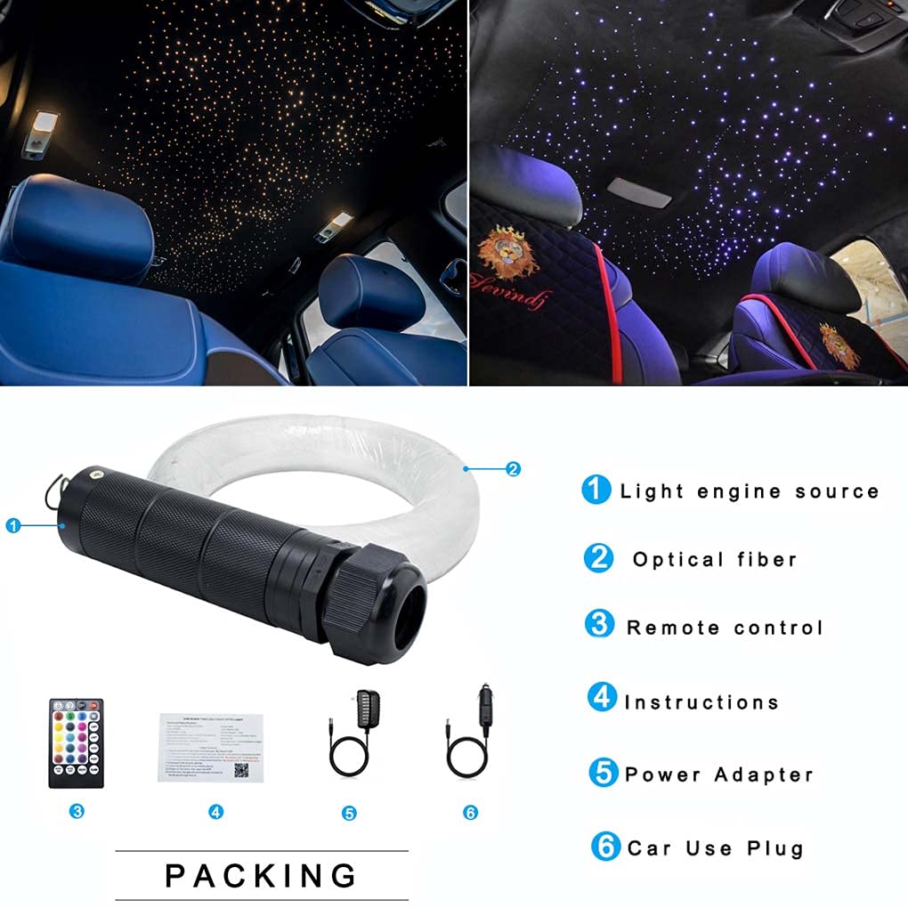 AZIMOM 6W RGBW Fiber Optic Star Ceiling Kit, 200pcs 6.5ft Strands, Bluetooth/APP & Remote Control, Music Sensor Light for Car & Home