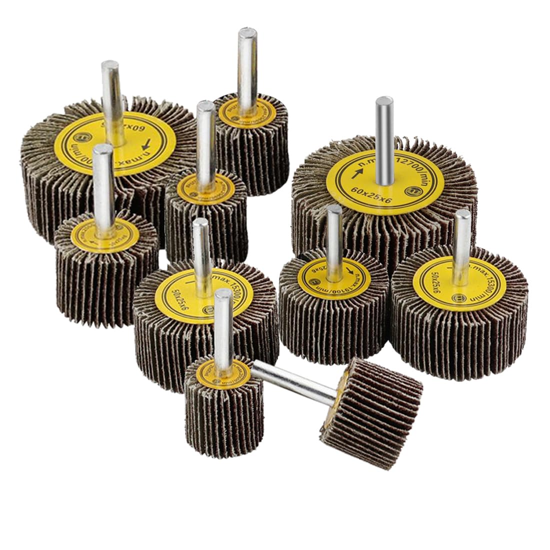 JUNLIXN 10 Pcs Abrasive Flap Wheels Sander, 1/4'' Shank Flap Wheel for Drill, Grinder, Rotary Tools (25/30/40/50/60mm)