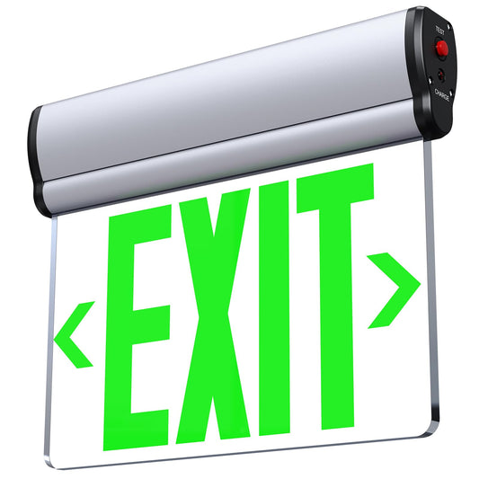 SASELUX LED Edge-Lit Exit Sign, Single-Sided Green LED, Brushed Aluminum, Hardwired w/ Battery Backup, UL Listed, Top/Side/Wall Mount