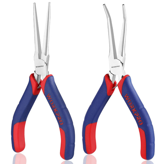WORKPRO 2-Piece 6" Mini Needle Nose Pliers Set, Smooth Jaw Long & Bent Nose Pliers with Comfort Grip for Jewelry Making & Wire Wrapping