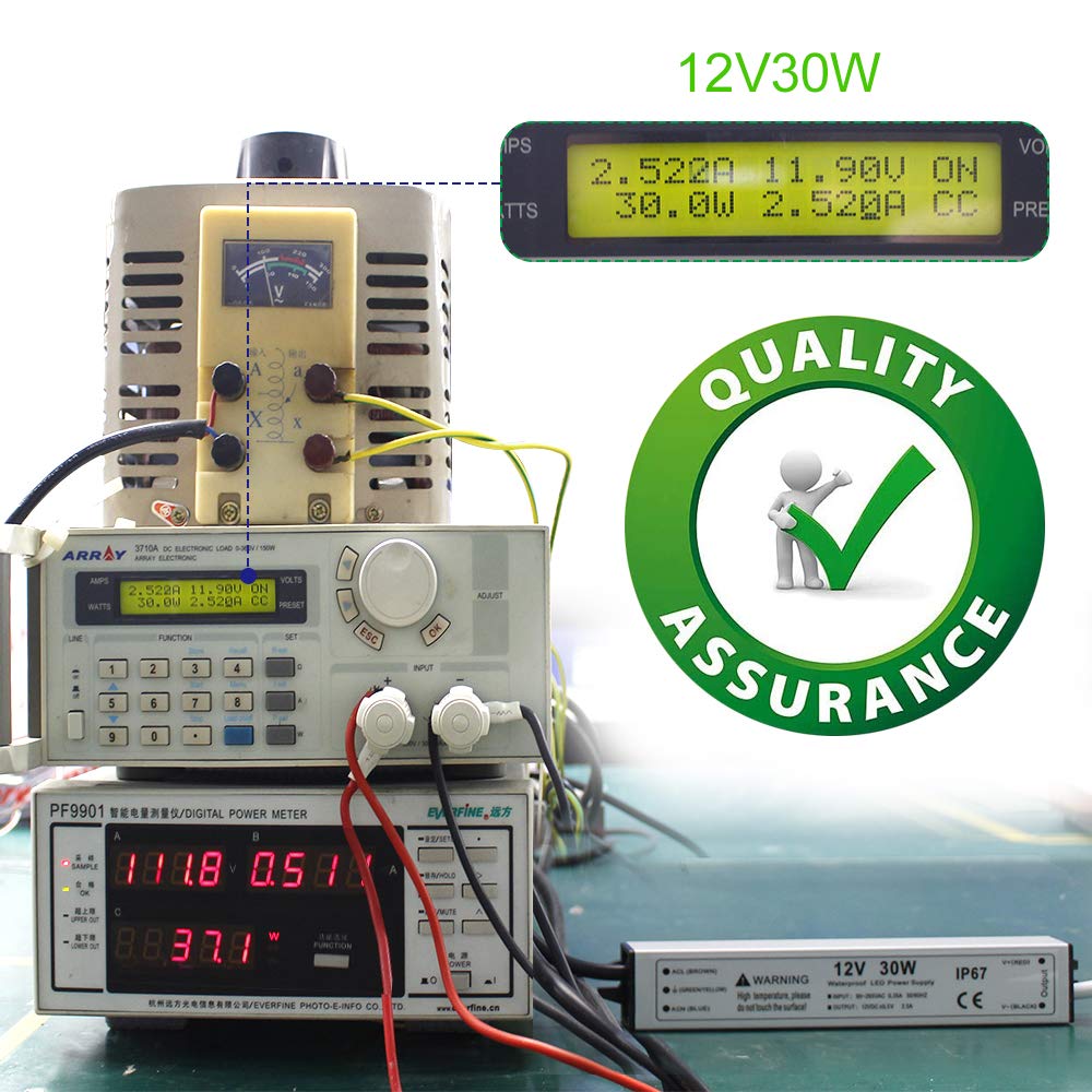 30W 12V LED Power Supply, Waterproof IP67 Driver, 110V AC to 12V DC Converter, 2.5A LED Transformer with 3-Prong Plug & 3.3ft Cable