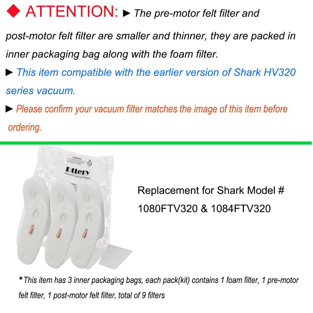 Dttery 3-Pack Replacement Filter Kit for Shark Rocket DeluxePro TruePet HV319Q–HV325 & UV330/UV422, Replaces 1080FTV320 & 1084FTV320