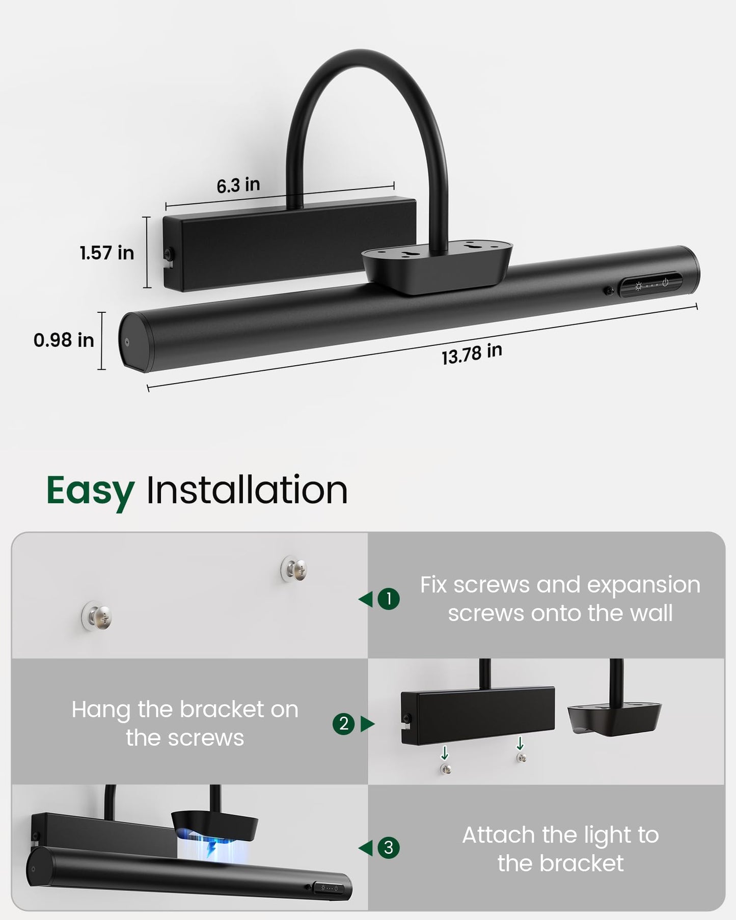 **Bridika Battery Operated Picture Light, 13.8” Rechargeable Art Light, 3 Color Modes & Dimmable Brightness for Paintings, Gallery, Bedroom, Black**