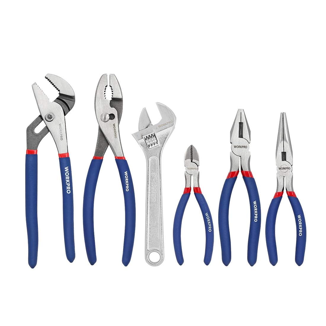 WORKPRO 6-Piece Large Pliers & Wrench Set, 10" Water Pump & Slip Joint, Linesman, Long Nose, Diagonal & Adjustable Wrench for DIY/Home Use