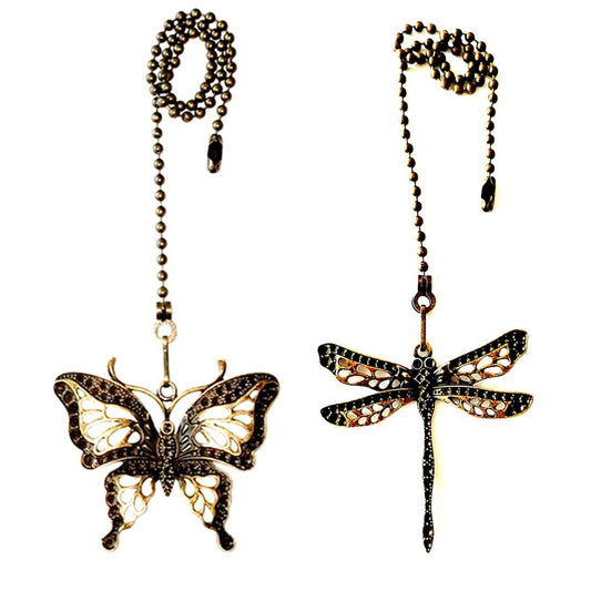 GDQLCNXB 12" Ceiling Fan Pull Chain Extenders with Dragonfly & Butterfly Ornaments, Beaded Ball Chains with Connector, 2-Pack