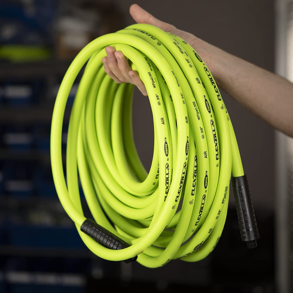 Flexzilla Air Hose, 1/2 in. x 50 ft., 1/2 in. MNPT Fittings, Heavy Duty, Lightweight, Hybrid, ZillaGreen - HFZ1250YW4