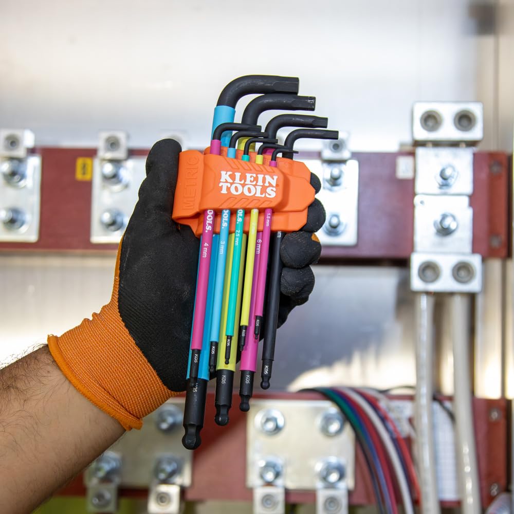 Klein Tools BLS18 Hex Key Wrench Set, SAE & Metric, Color-Coded L-Style Ball End Long Arm, Heat-Treated, 18-Piece