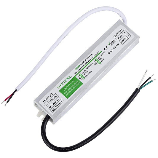 60W Waterproof LED Driver IP67, AC 100-260V to 12V DC Power Supply for LED Lights, Outdoor, Computer Projects, Low Voltage Lighting