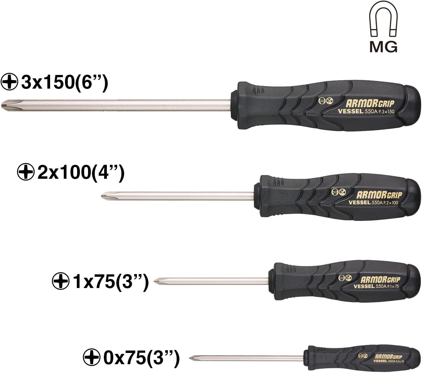 VESSEL - ARMOR GRIP™ Screwdriver Cross Point 4PC. Set (JISDRIVE) No.550APH4PBU