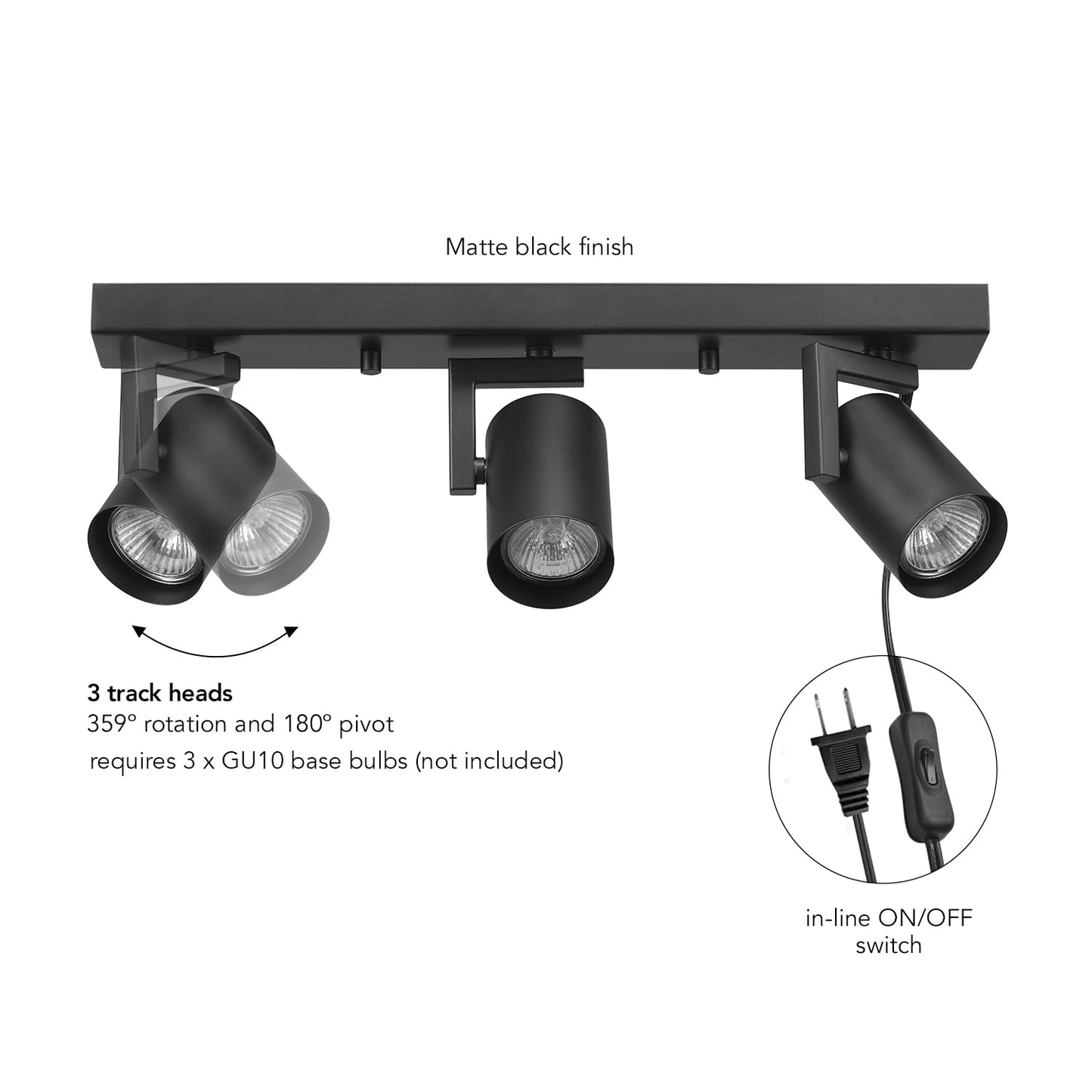 GLOBE Electric 17" 3-Light Plug-in Track Lighting, Matte Black, Pivoting Heads, 15ft Cord, In-Line Switch, Ceiling Light
