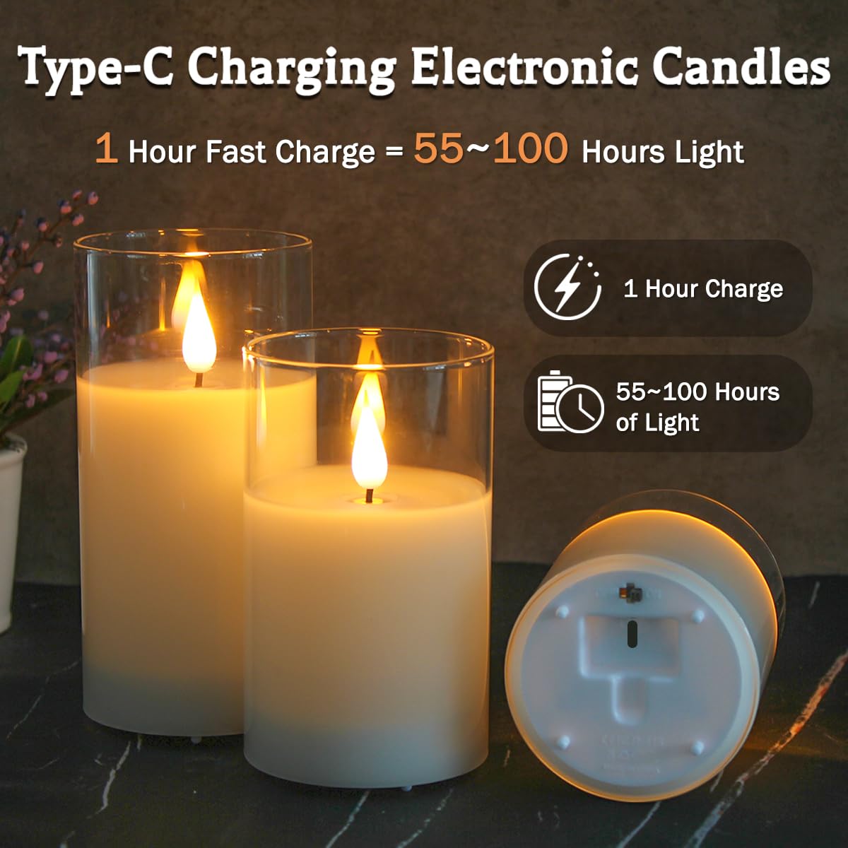 LEDHOLYT Set of 3 Rechargeable Flameless Glass Pillar Candles – Realistic Flicker, Remote & Timer, USB, Perfect for Home & Gifts