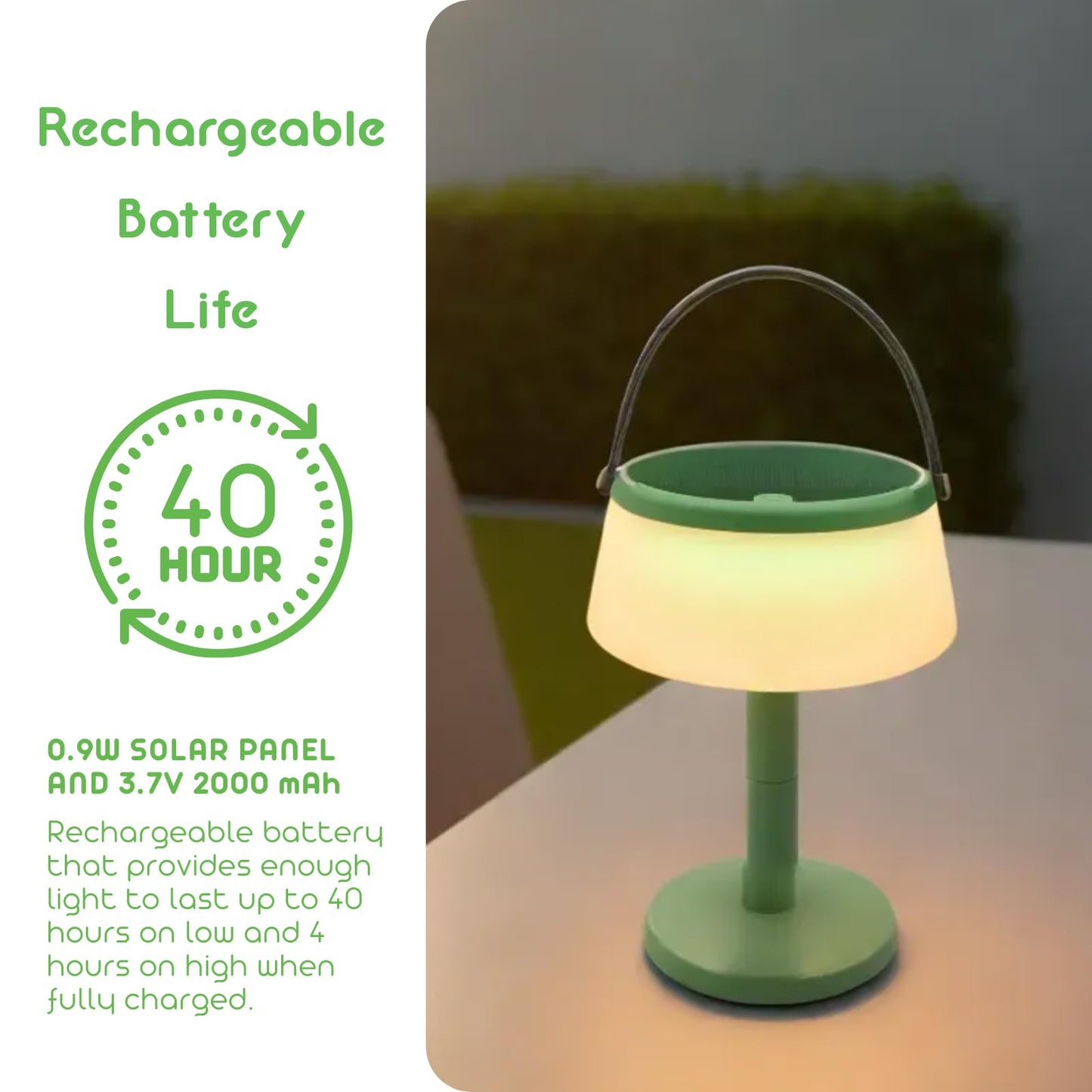 VerLuce 2-in-1 Solar LED Table Lamp & Lantern, Rechargeable, Stepless Dimming, 330lm, 2700K, IP44 Weatherproof, Green