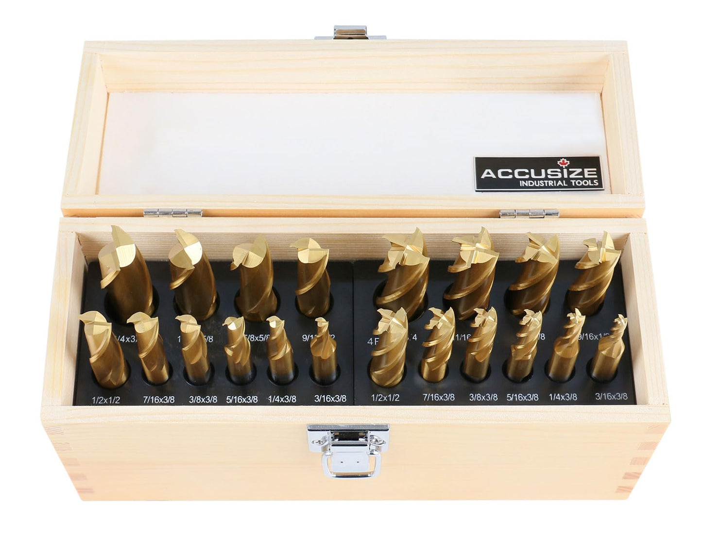 Accusize Industrial Tools 20-PC TiN-Coated H.S.S. End Mill Set, Inch Sizes 3/16" to 3/4", 2F and 4F, Straight Shank, Wood Case, 1810-0100