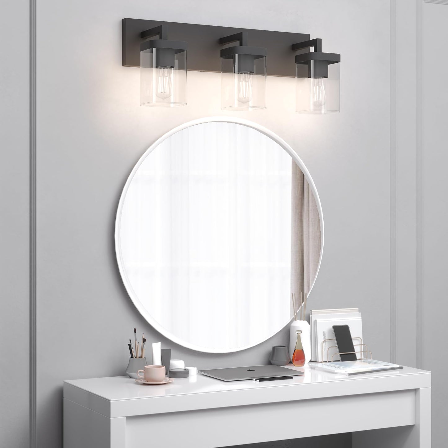 Danshinro Modern 3-Light Bathroom Vanity Light, Square & Rectangle Design, Large Backplate, Black – For Bathroom, Bedroom, Living Room