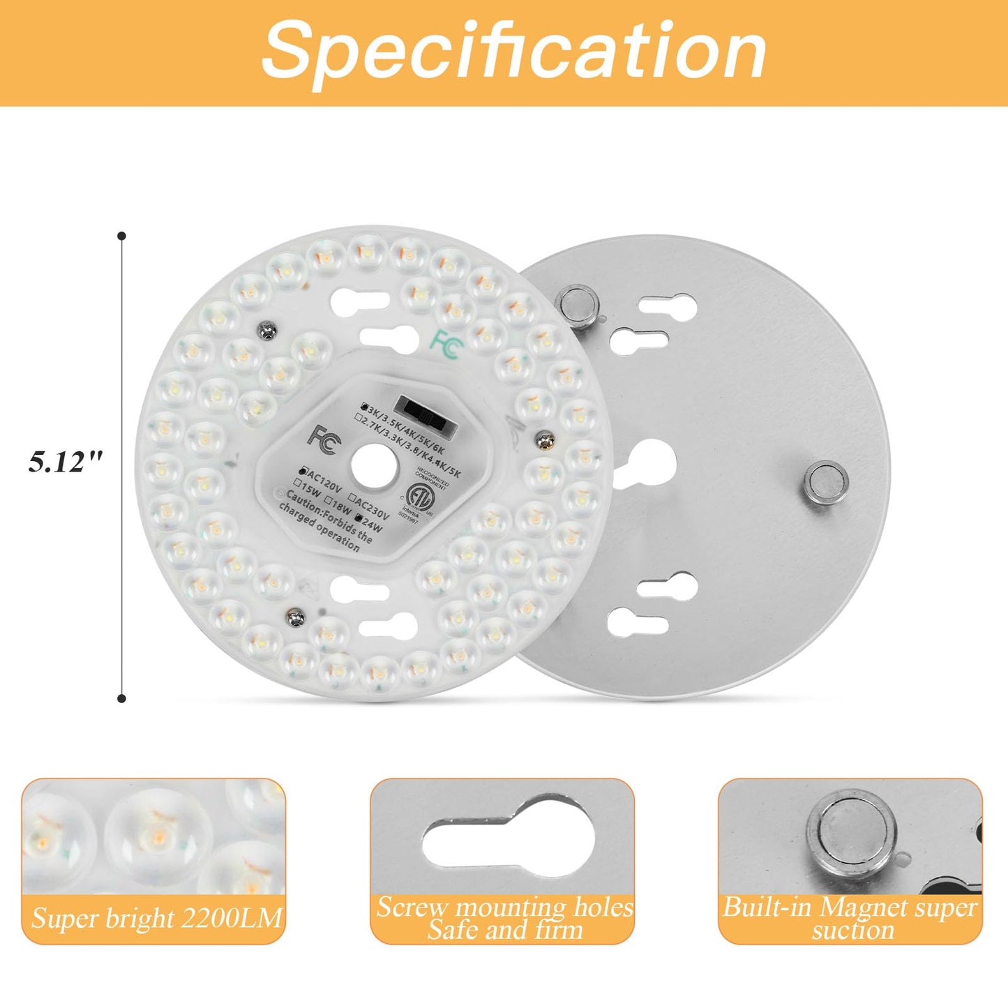 SHENGQINGTOP 5.12" LED Ceiling Fan Light Retrofit Kit, 24W 2200LM, 5CCT 3000K-6000K, Dimmable, CRI80, 120V Replacement PCB