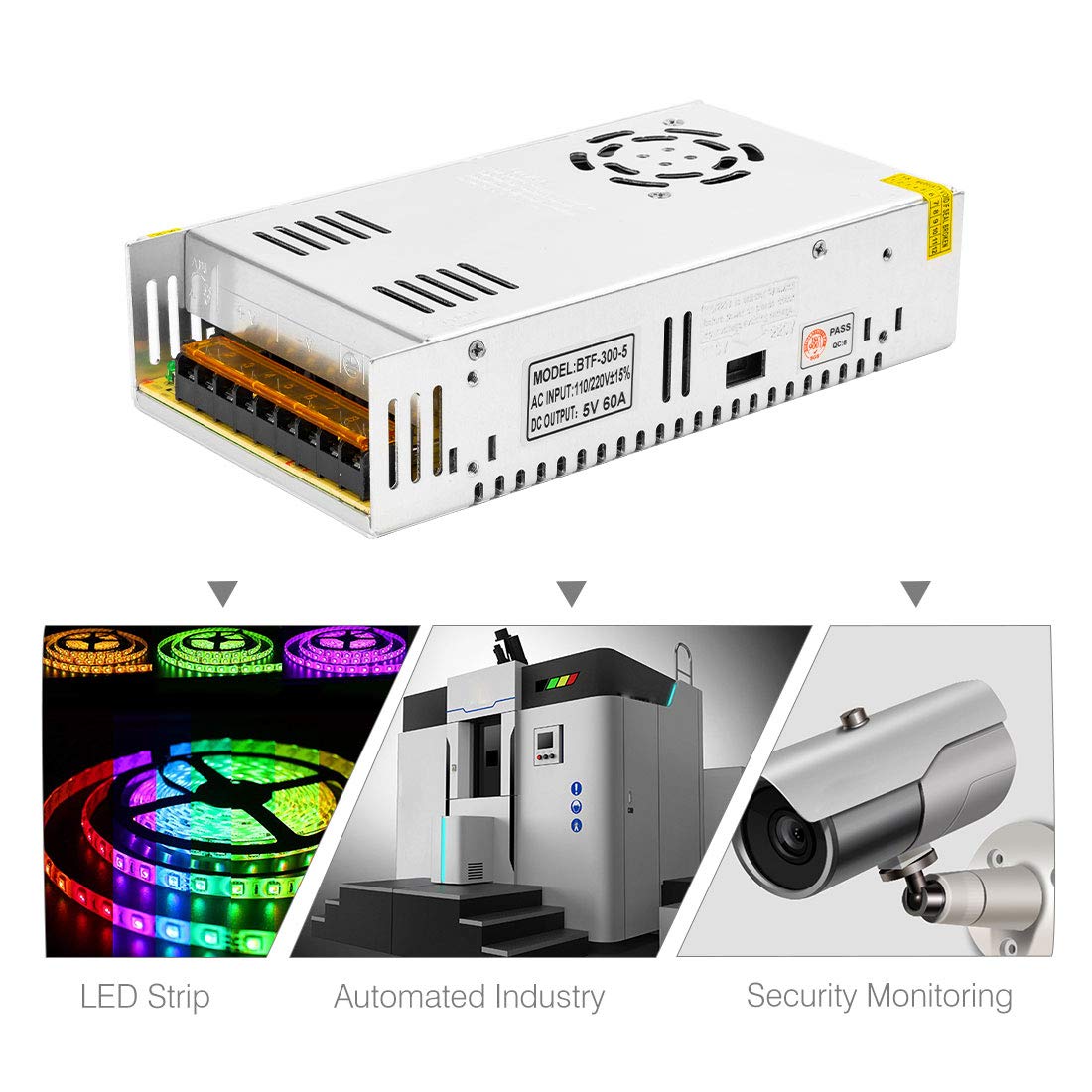 BTF-LIGHTING AC100-240V to DC5V 60A 300W Switching Power Supply Adapter for LED Strips, CCTV, Security Systems, Radios
