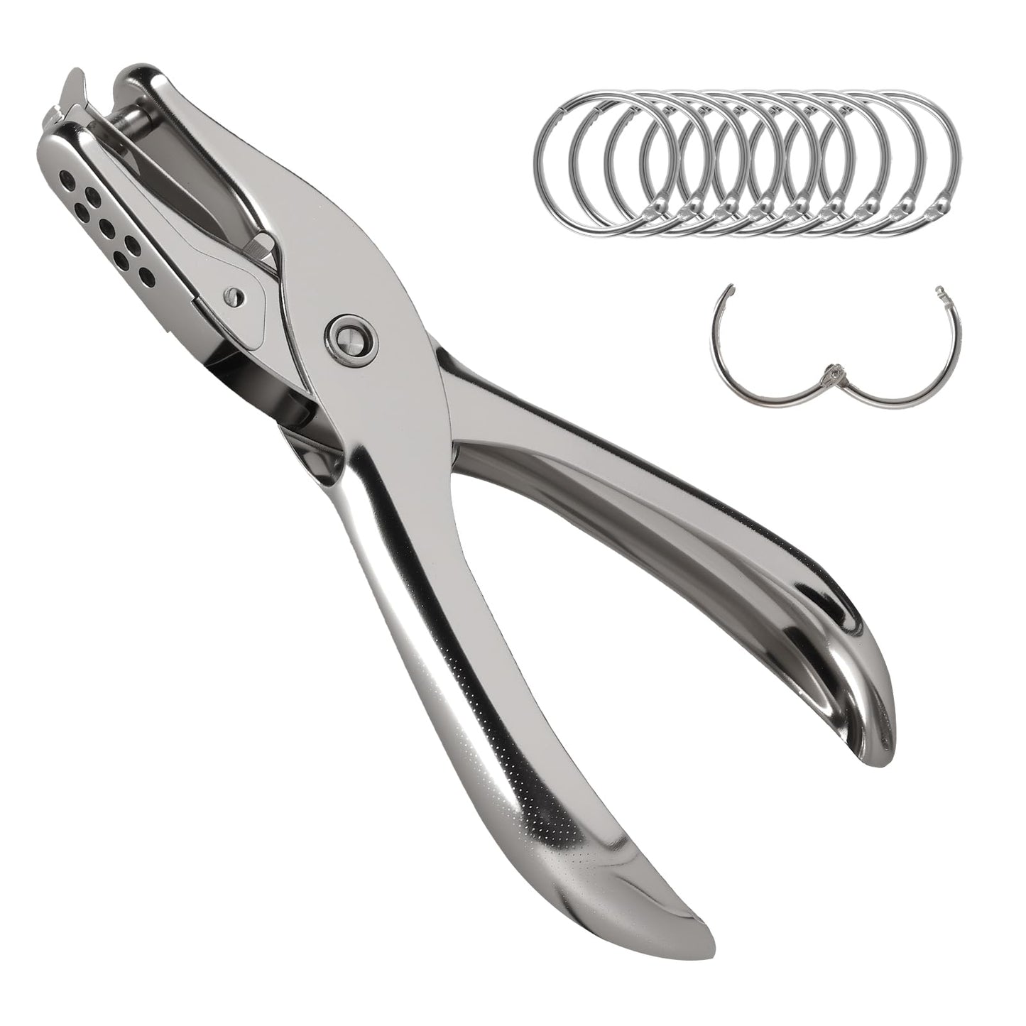 Oligei Single Hole Punch, 8 Sheet Capacity Hole Puncher, Paper Punch with 10P Binder Rings, Hole Puncher for Crafts, Scrapbooks (Silver)