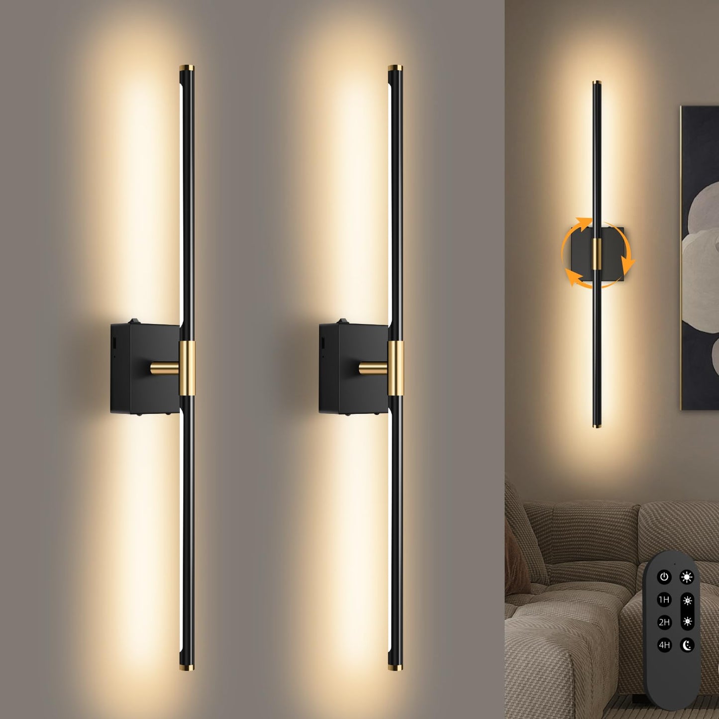 SAIMAND Wall Sconces Set of 2, Battery & USB Rechargeable LED, Dimmable with Remote, 360° Rotatable 30in Black for Living Room/Bedroom