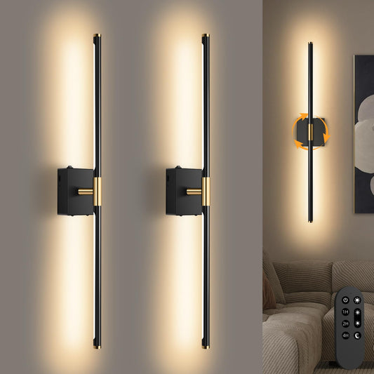 SAIMAND Wall Sconces Set of 2, Battery & USB Rechargeable LED, Dimmable with Remote, 360° Rotatable 30in Black for Living Room/Bedroom