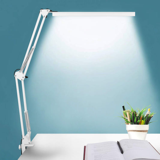 BZBRLZ LED Desk Lamp, 16” Wide Head Manicure Table Light, Dimmable Eye-Care Drafting Lamp, 3 Color Modes, 10 Brightness Levels, Memory Function, Adapter (White)