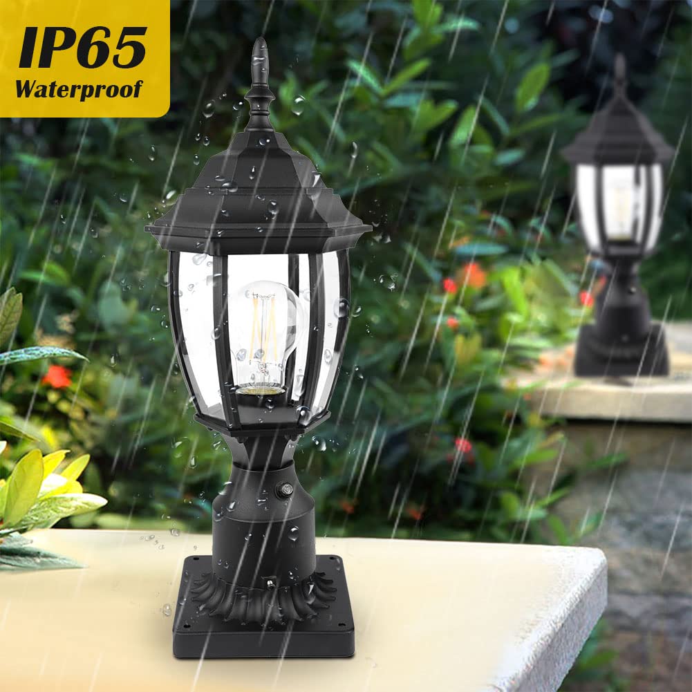 Dusk to Dawn Outdoor Post Light, 6" Waterproof Aluminum Lantern with Clear Glass, Hardwired 120V, Pier Mount for Garden & Patio