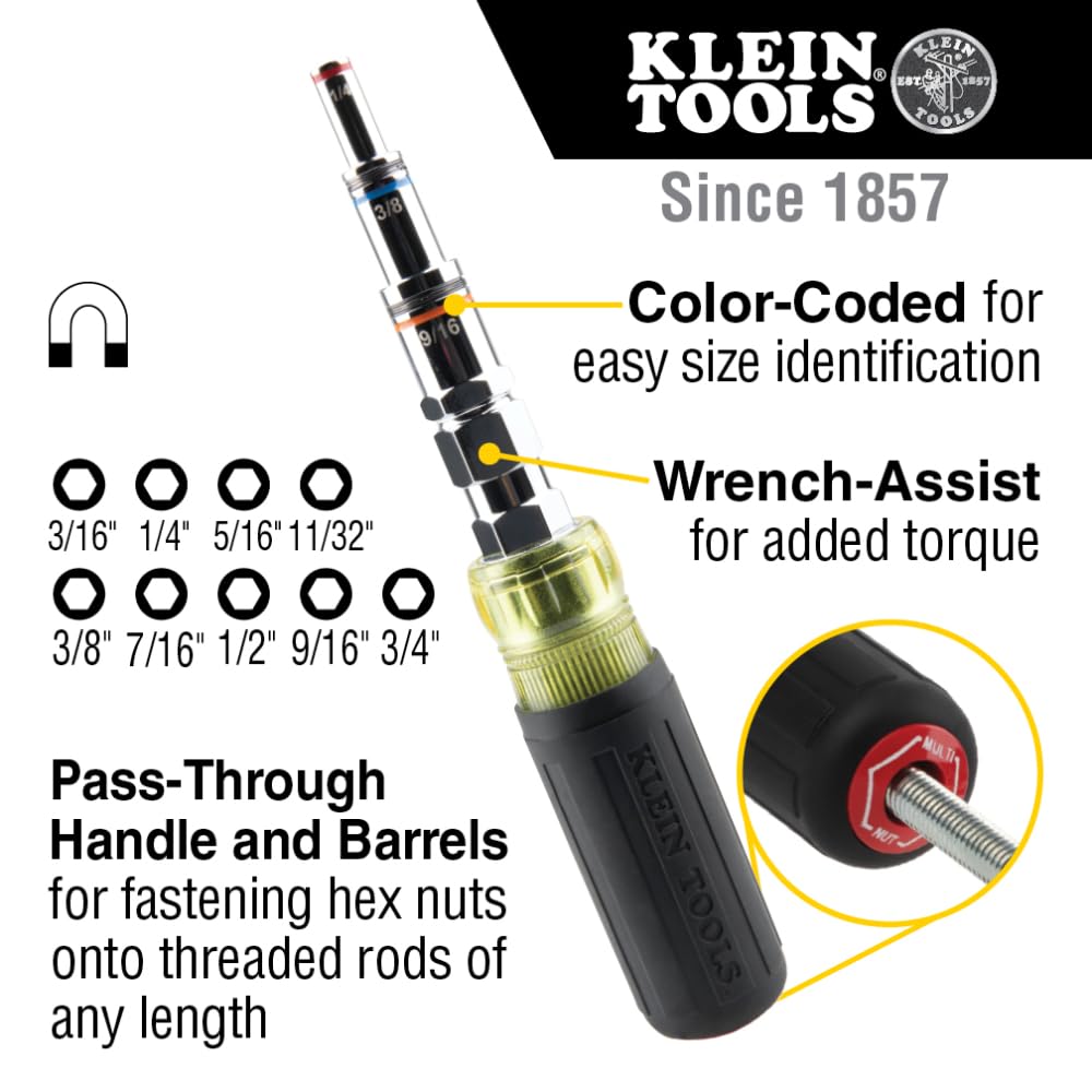 Klein Tools 32809MAG 9-in-1 Multi-Nut Driver Tool, Magnetic SAE Pass Through Driver with Hex Nut Sizes 3/16 to 3/4-Inch