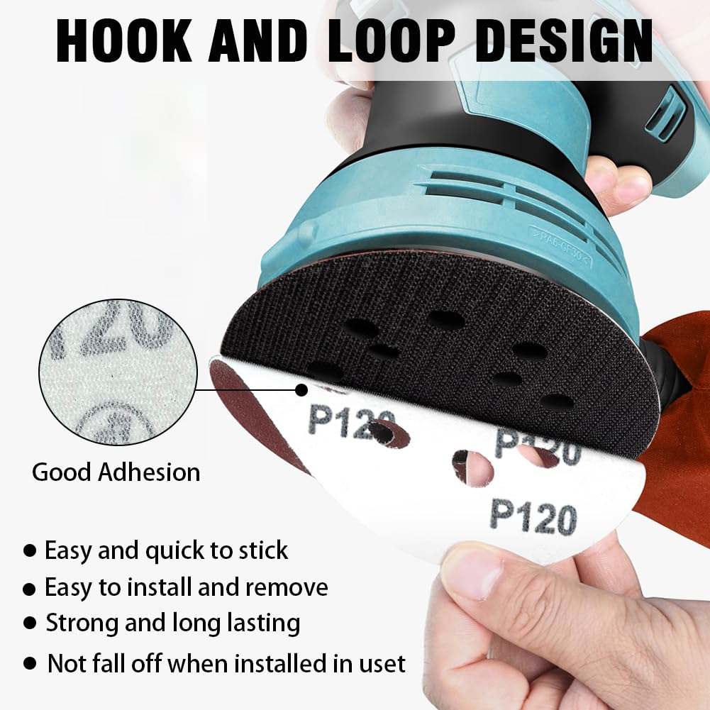 52 Pack 5 Inch 8-Hole Hook and Loop Sanding Discs Sandpaper Red Round 60 80 120 220 320 Mixed Grits Sandpaper for Random Orbital Sander