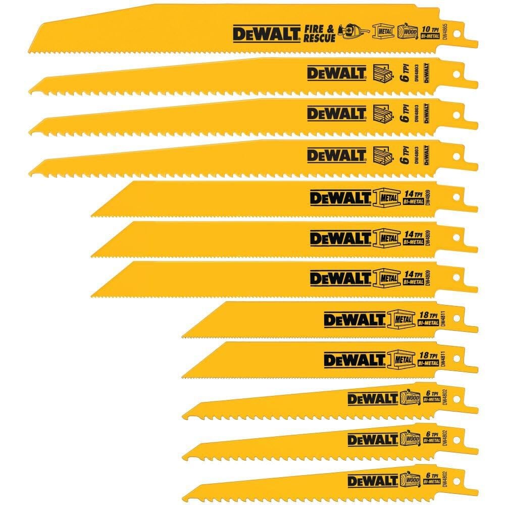 DEWALT Reciprocating Saw Blade Set for Metal Wood Iron, 12 Piece Bi-Metal Increased Durability Blades, with Storage Case (DW4892)