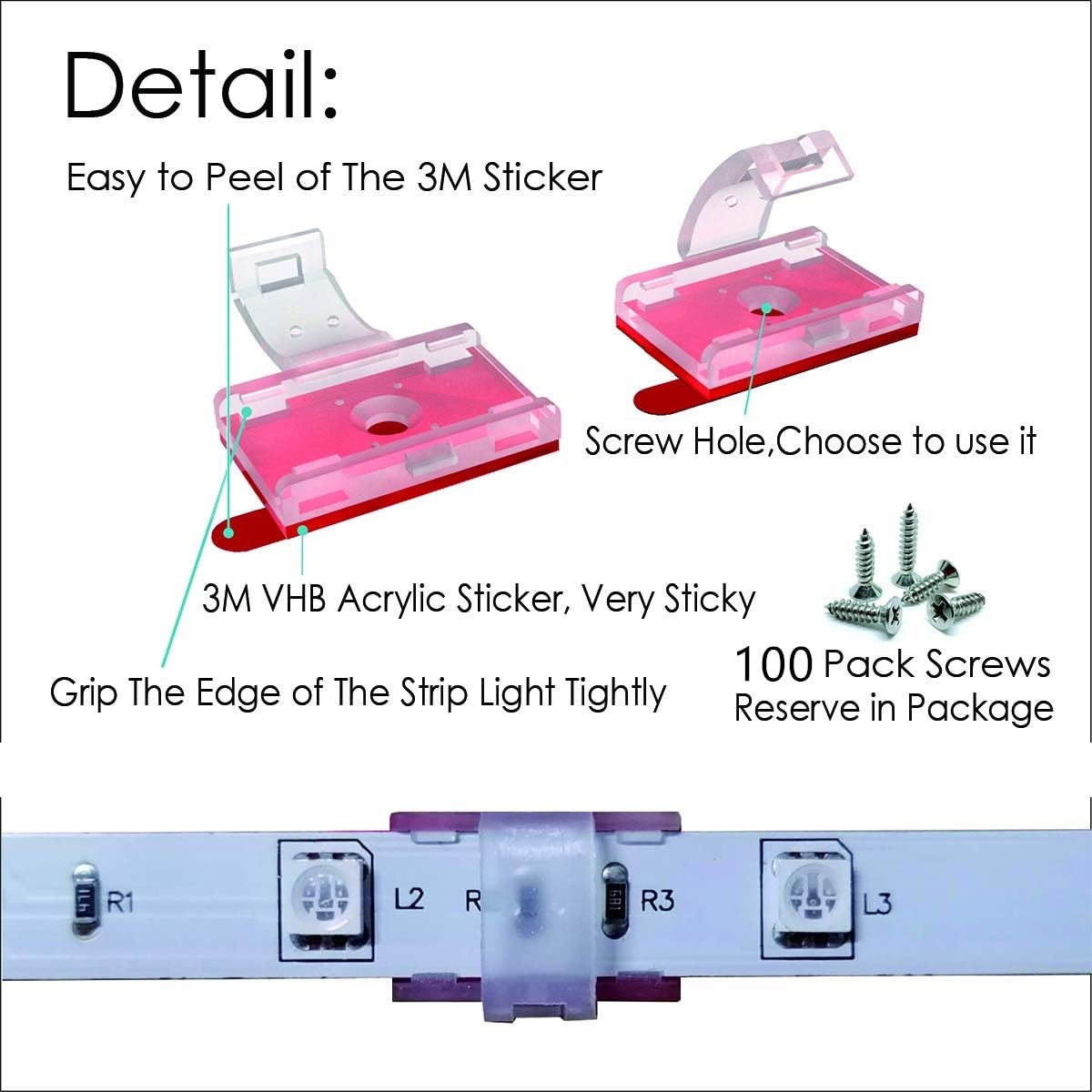 ATB 100-Pack Clear LED Strip Light Mounting Clips & Holders, Self-Adhesive Cable Organizer for Vehicle, Kitchen, Cabinet, Indoor Use