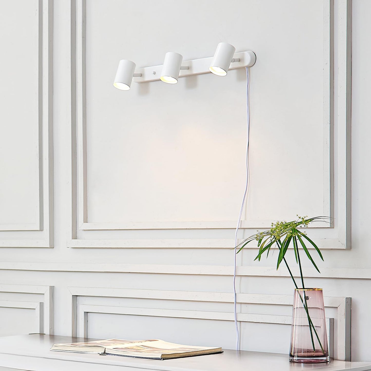 GLOBE Electric 3-Light Plug-In Track Lighting, Adjustable Heads, Matte White, 22-inch, GU10, 15ft Cord with In-Line Switch, Modern Ceiling Light