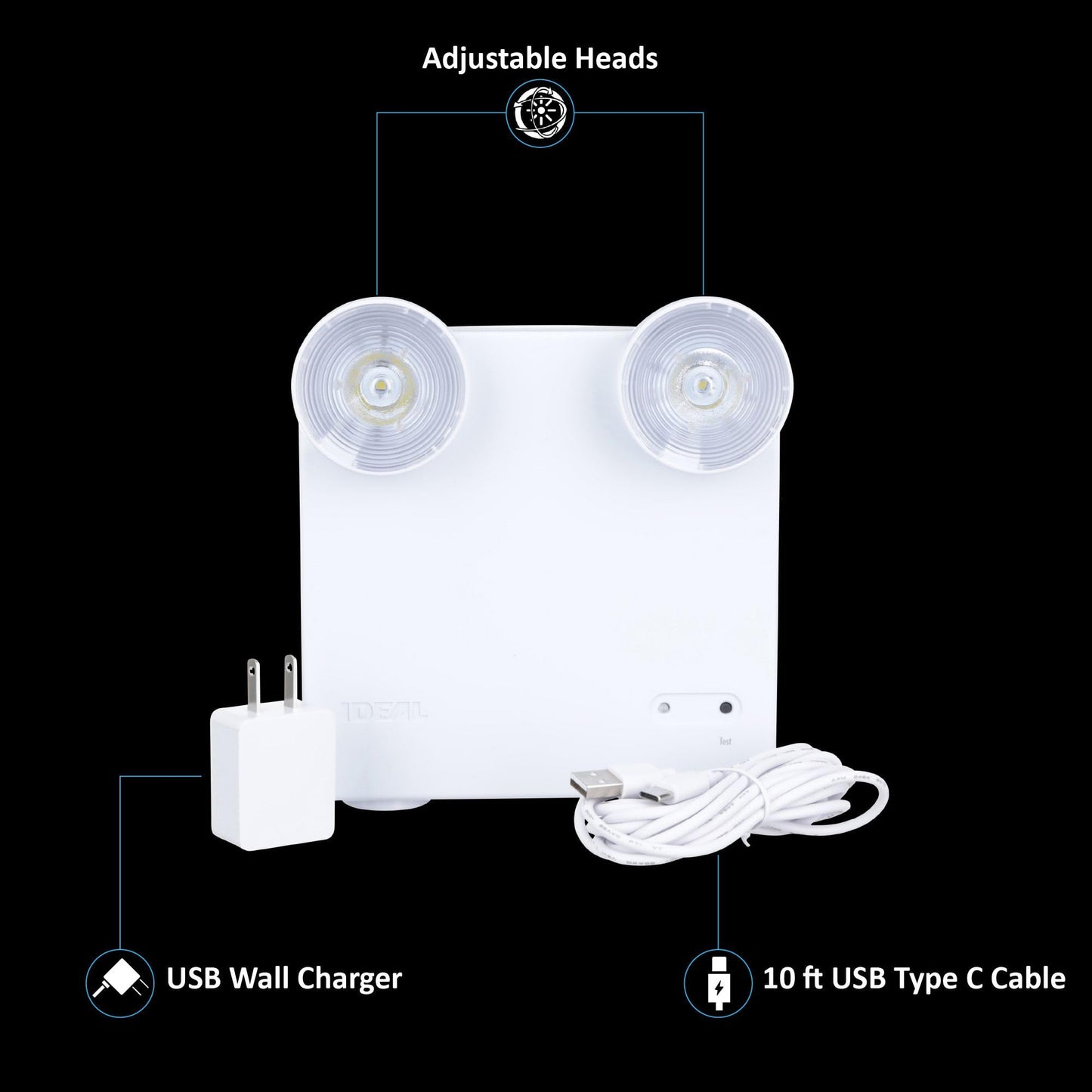 Ideal Security Rechargeable LED Emergency Power Failure Light, Adjustable Heads, Up to 48 Hours Backup, 80–140 Lumens, White