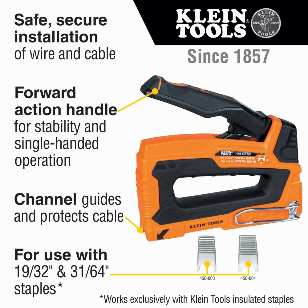 Klein Tools 80169 Heavy-Duty Cable Stapler with 600 Insulated Staples, Includes 300-Pack 19/32 x 11/32-Inch and 300-Pack 31/64 x 13/64-Inch Sizes