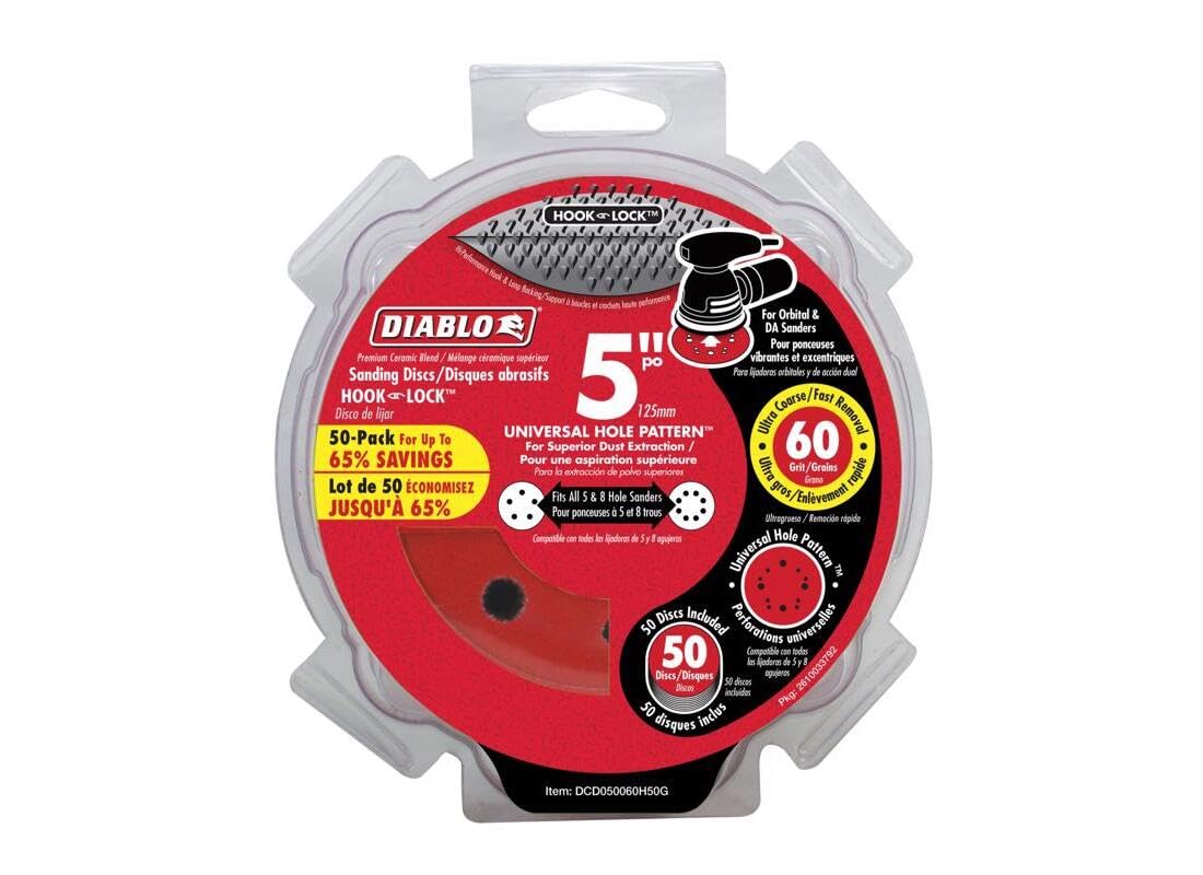 Diablo Hook and Lock ROS Sanding Discs for Wood, Metal and Plastics - 5", 60 Grit, Coarse, Ceramic Blend, 50-Pack - DCD050060H50G