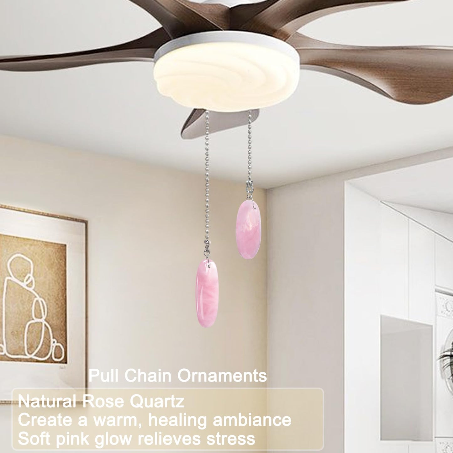 LEFERS Ceiling Fan Pull Chain, 2 Pieces Natural Gemstone Pendants with 12" Ceiling Fan Chain Extender and Connector (Rose Quartz)