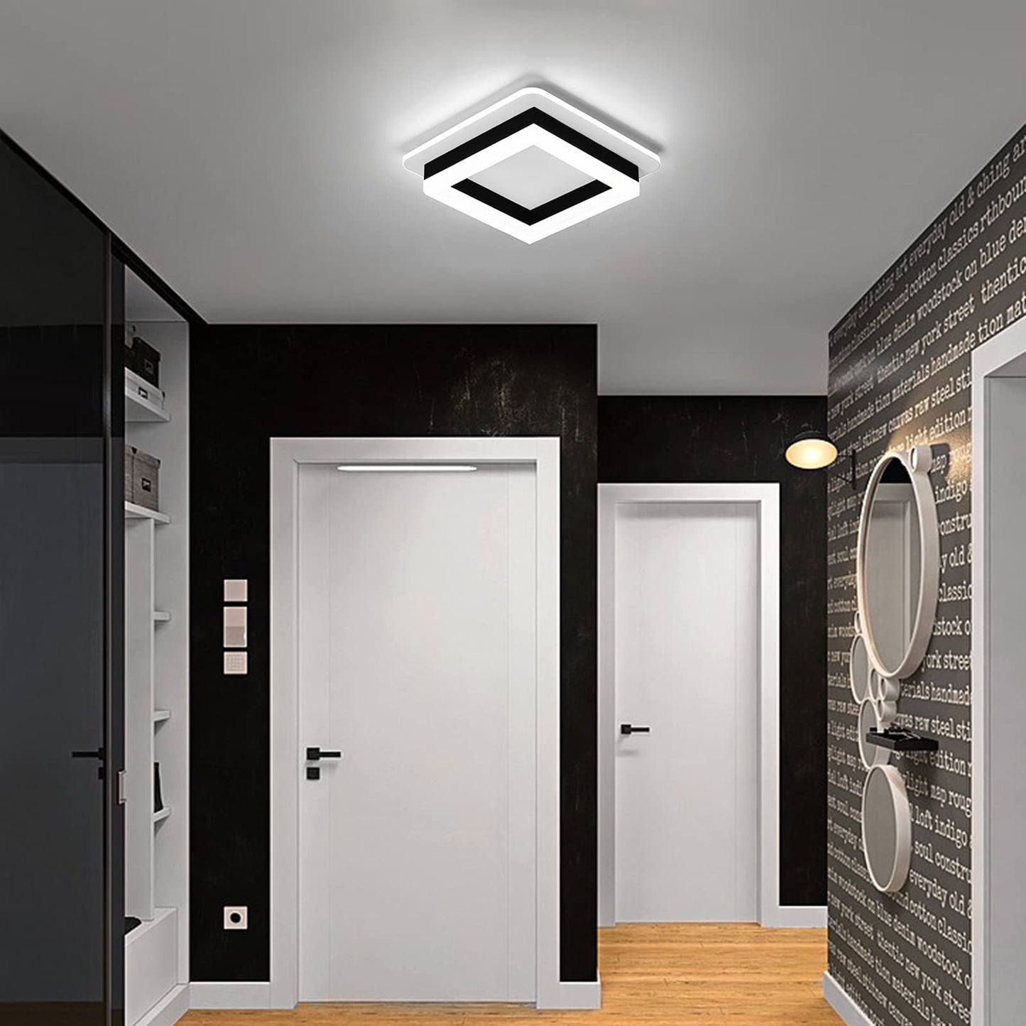 24W Square Modern LED Ceiling Light, Black Flush Mount, Cool White 6000K, Small Fixture for Hallway, Living Room, Bedroom, Kitchen