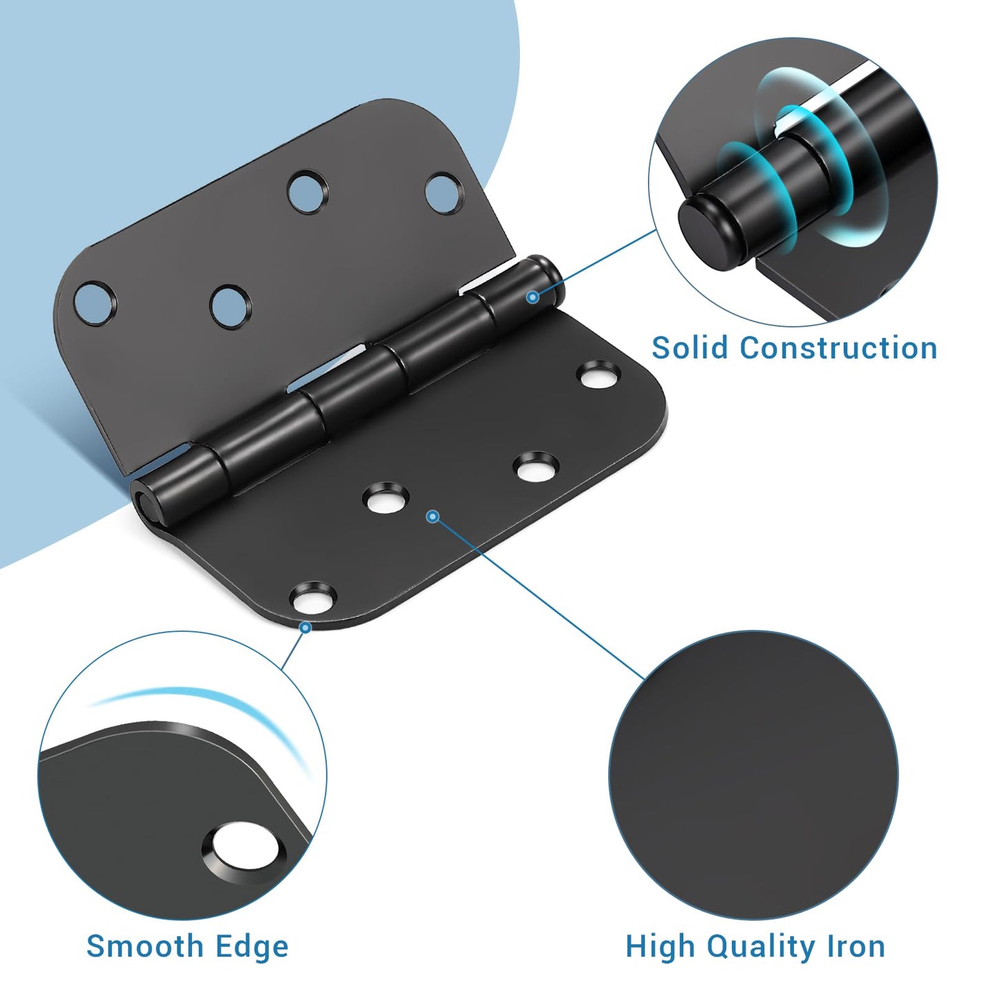 KNOBWELL 12 Pack 4" X 4" Matte Black Door Hinges No Squeak Hinges Rounded Square Corner, 5/8 Inch Round Radius Exterior Door Hinge in Black