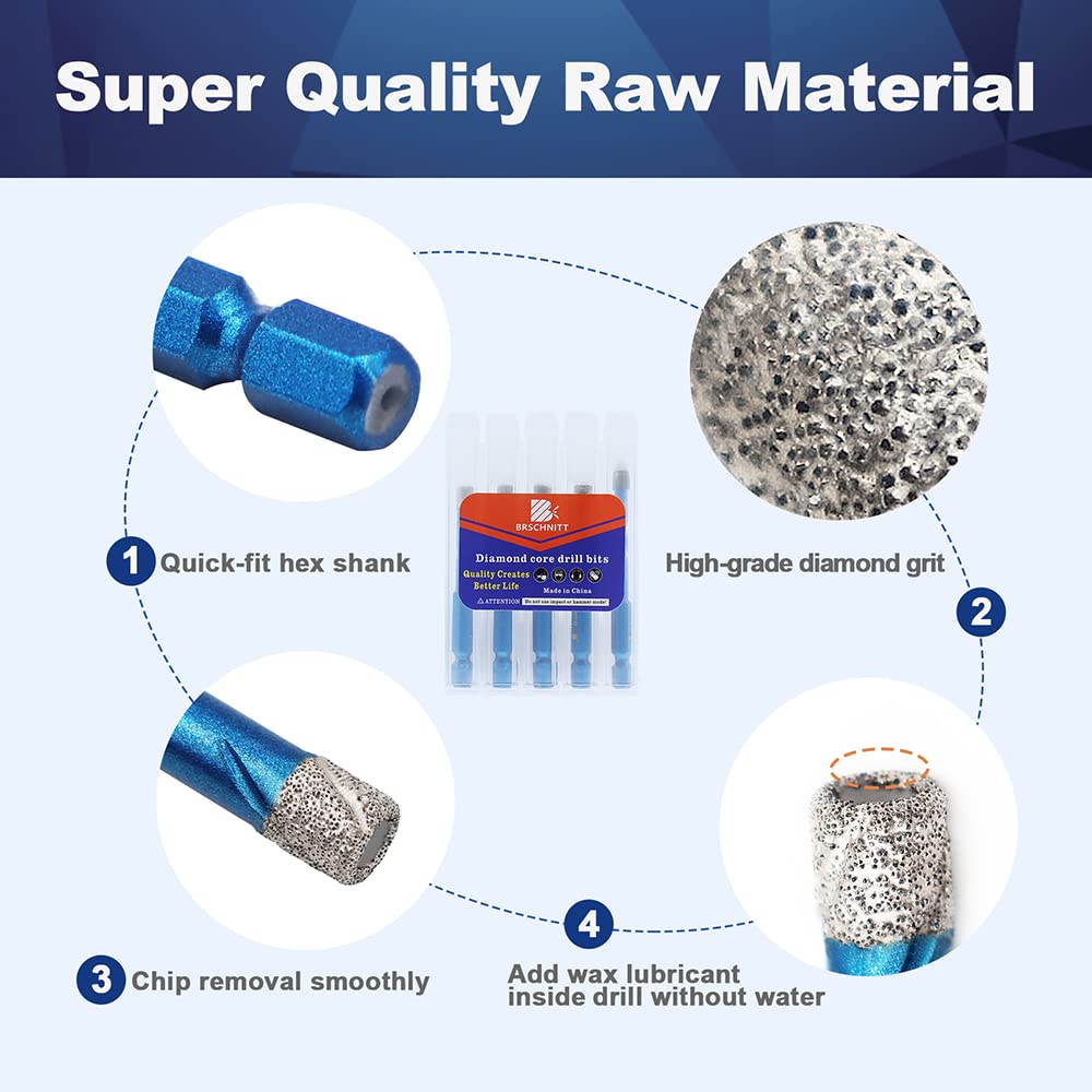 BRSCHNITT 1/4" Diamond Drill Bit Set, 5pcs Masonry Bits for Porcelain, Tile, Ceramic, Stone, Granite, Marble, Hex Shank Hole Saw