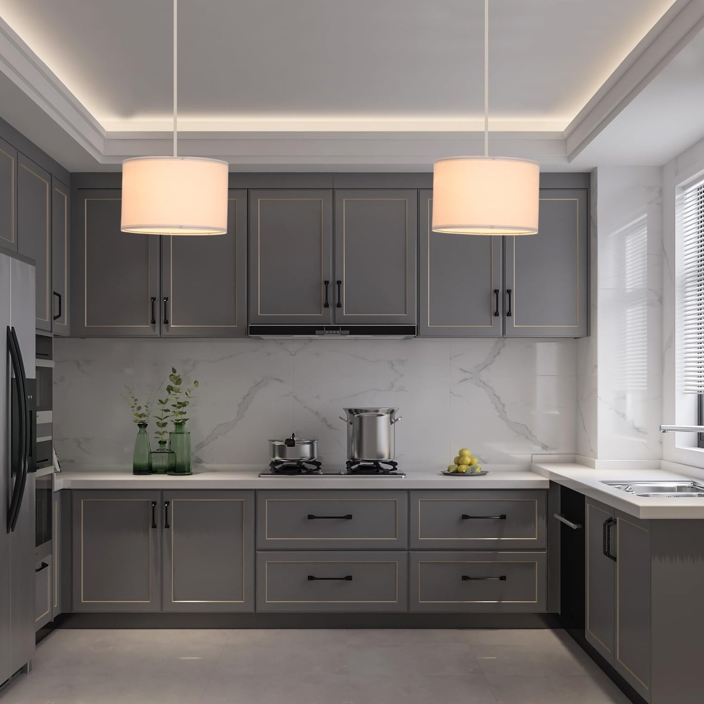 **IHENGYANLT 2-Pack Plug-In Pendant Light with 15ft Clear Cord, On/Off Switch, White Fabric Shade for Bedroom & Kitchen**