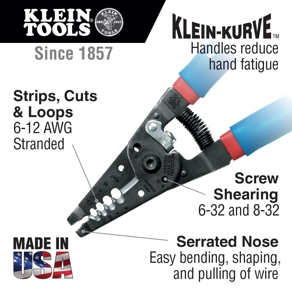Klein Tools 11053 Klein-Kurve Wire Stripper and Cutter, Made in USA, Stripping / Cutting Tool for 6-12 AWG Stranded Wire, 7-1/8-Inch
