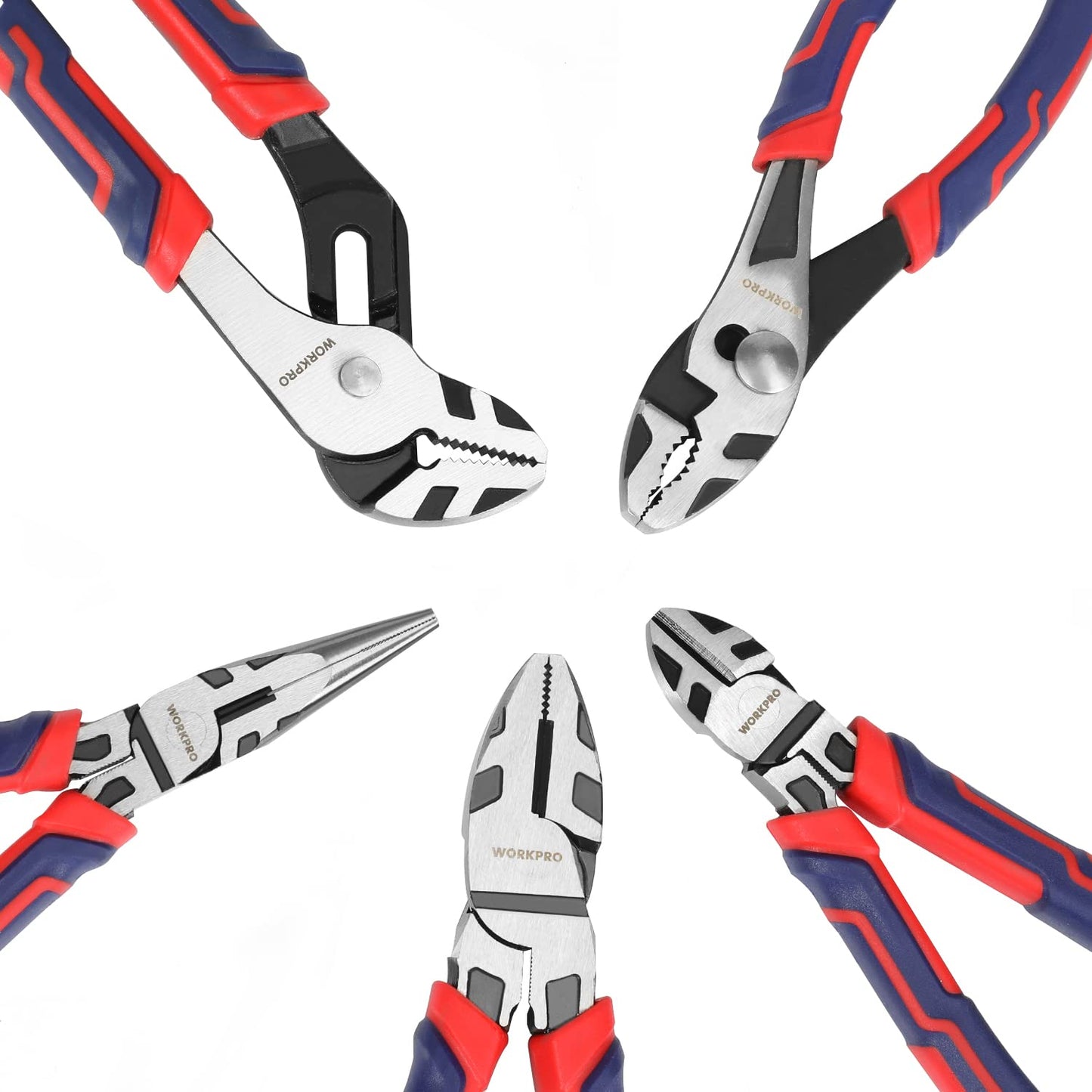 WORKPRO 6-8 Inch Pliers Set, Cr-V Construction, Slip Joint, Long Nose, Diagonal, Groove Joint, Linesman with Storage Pouch for Repairs