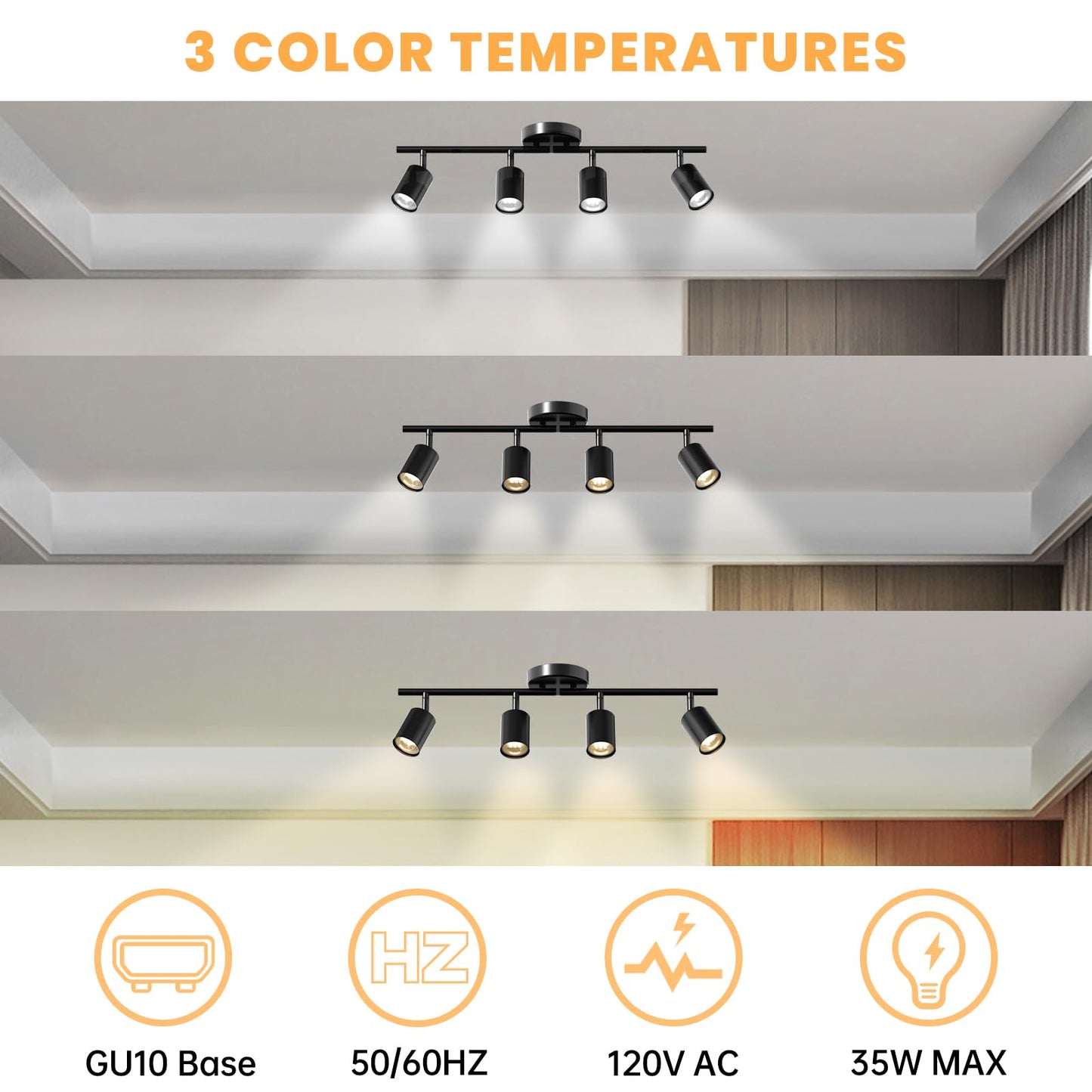 Lavendex 4-Light LED Track Lighting Kit, Black Ceiling Spotlights with Rotatable Heads for Kitchen, Living Room, Bedroom, Includes GU10