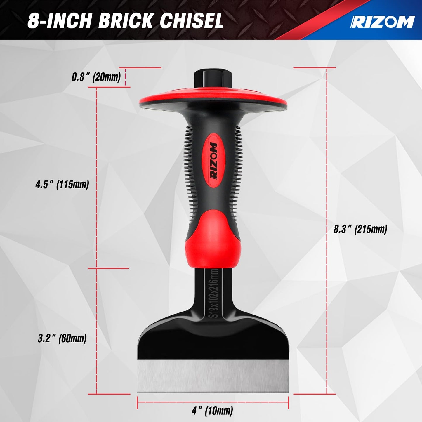 Rizom Chisel Set with Hand Protection, 3 Pcs Stone and Rock Chisel, Heavy Duty Masonry Tools including 11-Inch Point and Flat, 8-Inch Brick