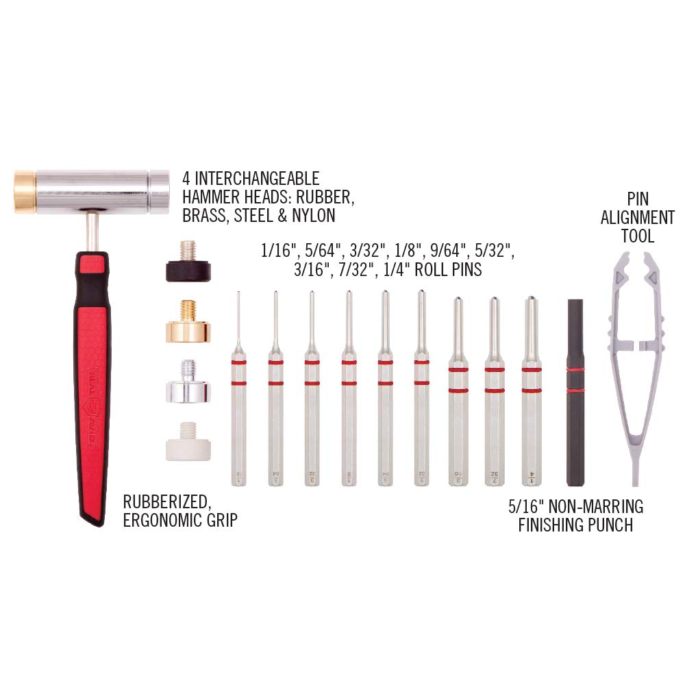 Real Avid Roll Pin Punch Set with 10 Nickel-Plated Punches, 4 Hammer Heads & Non-Slip Magnetic Bench Block – Brass, Steel, Rubber, Nylon