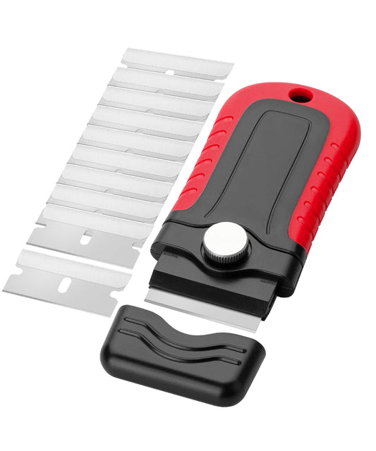 Bates Red Razor Blade Scraper Set with 10 Extra Stainless Steel Blades – Locking Glass, Window & Paint Scraper Tool for Cleaning