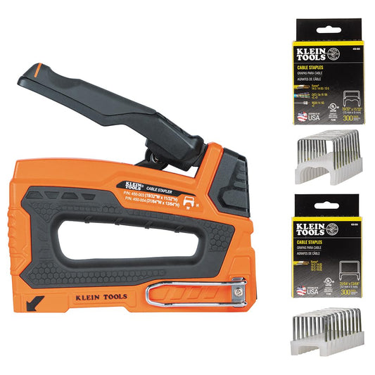 Klein Tools 80169 Heavy-Duty Cable Stapler with 600 Insulated Staples, Includes 300-Pack 19/32 x 11/32-Inch and 300-Pack 31/64 x 13/64-Inch Sizes